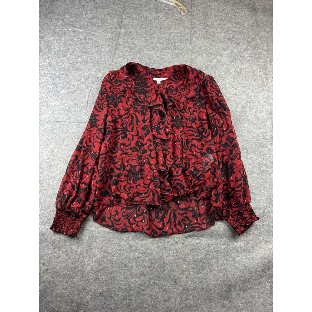Chicos Red Black Floral Ruffle V-Neck Blouse Smocked Cuff Size 2.5 XL Artsy